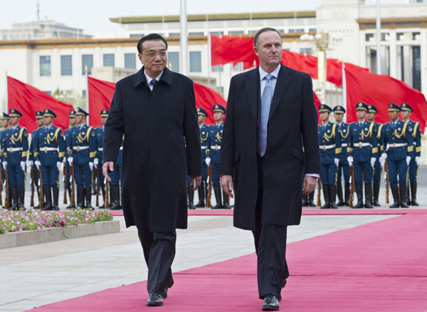 New Zealand's Prime Minister John Key (R) inspects guard of honour with Chinese Premier Li Keqiang during a welcome ceremony outside the Great Hall of the People in Beijing, April 10, 2013. China, New Zealand sign six business agreements