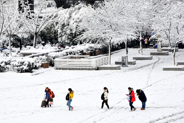 People walk on a snowy road in Nanjing, the capital of East China's Jiangsu province, Feb 19, 2013. Jiangsu hit by heavy snowstorm