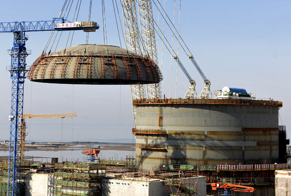 A steel dome is hoisted onto the No 1 reactor at Haiyang nuclear power plant in Shandong province in March. China plans to have an installed nuclear power capacity of 58 gigawatts by 2020. LI ZIHENG / XINHUA Nuclear power 'to fall short of demand'
