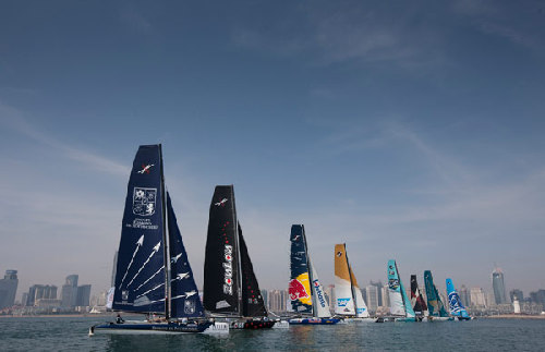 Sail boats take to the water during the 2012 Extreme Sailing Series in Qingdao. This year's event will be held at the Qingdao International Sailing Center from Thursday through Sunday. Provided to China Daily New culture on high seas