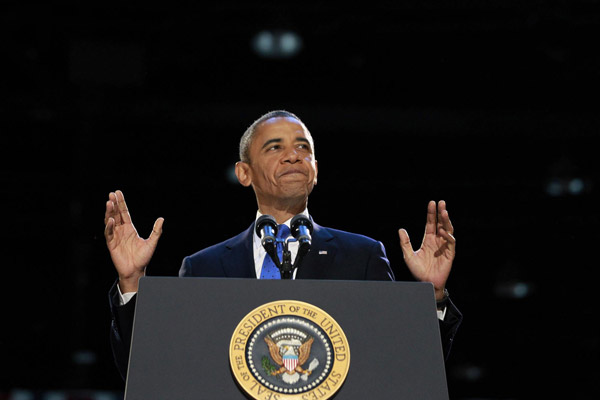 US President Barack Obama speaks during his election night victory rally in Chicago, November 7, 2012. Obama wins second term, challenges await