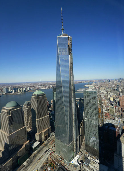 New York's One World Trade Center, seen from the 68th floor of the Four World Trade Center, will officially become the tallest building in the United States when completed next year, the Council on Tall Buildings and Urban Habitat has announced.  'Symbol of rebirth' opens in NYC